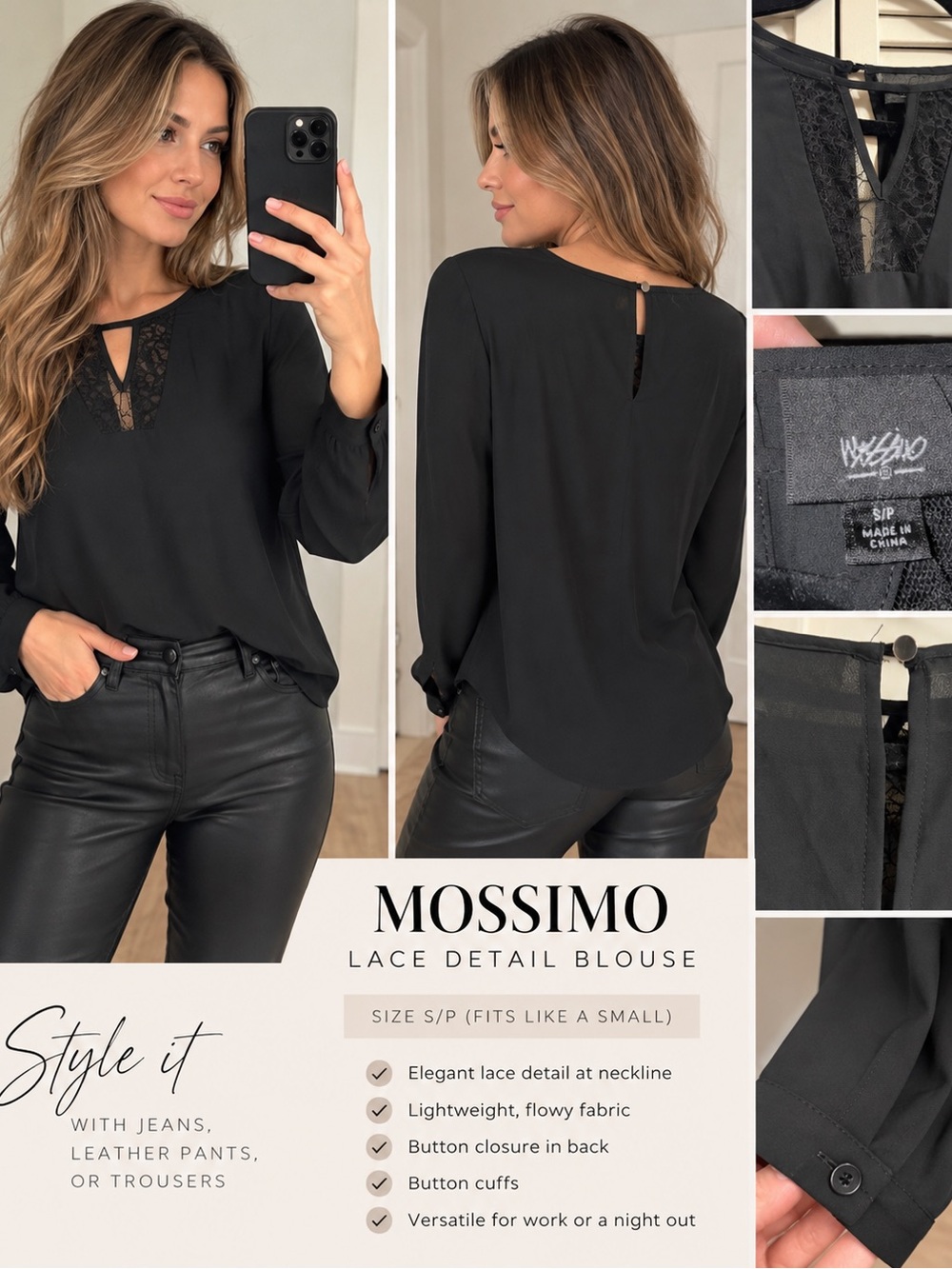 Mossimo Supply Co. Black Lace-Trim Long Sleeve Blouse